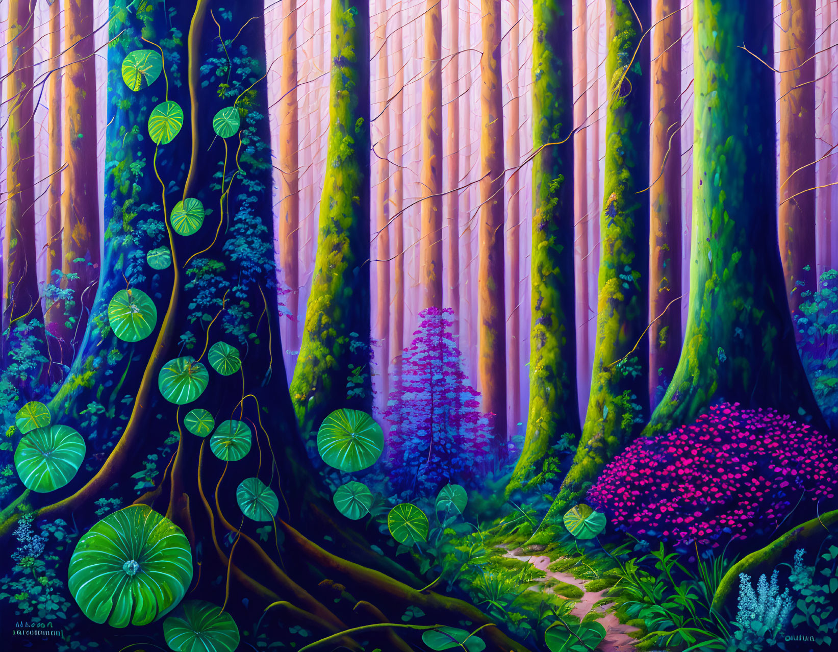 Mystical forest with towering trees and lush undergrowth