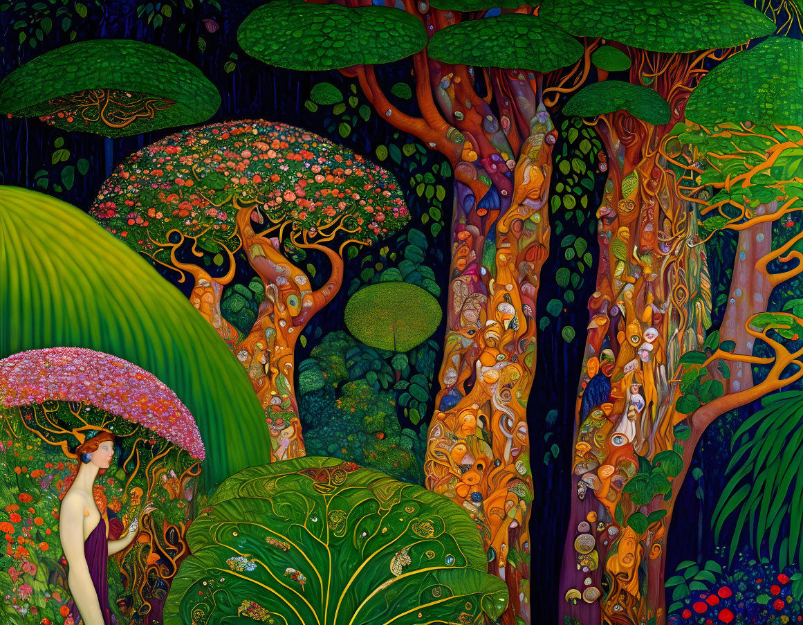 Vivid surreal forest scene with colorful foliage and figure holding an umbrella