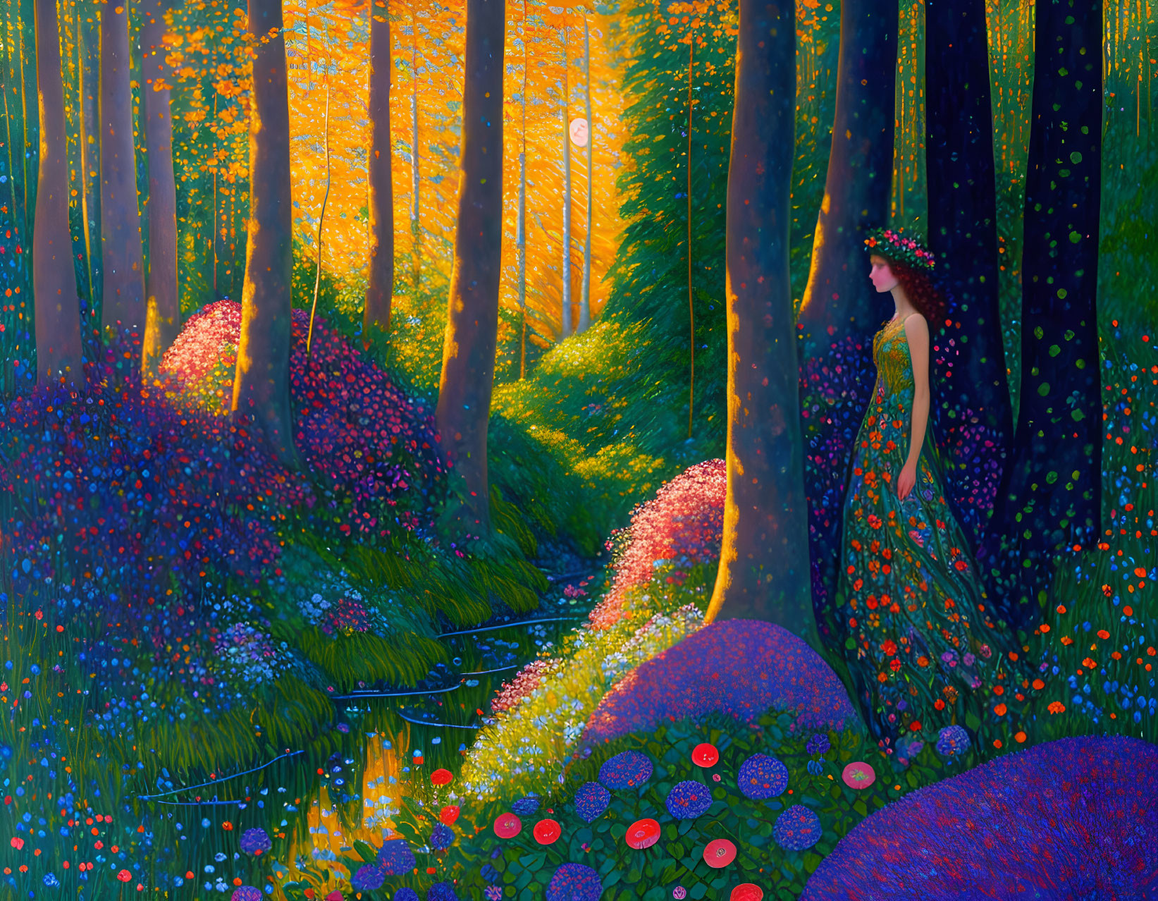 Woman in floral dress surrounded by vibrant forest and sunlight.