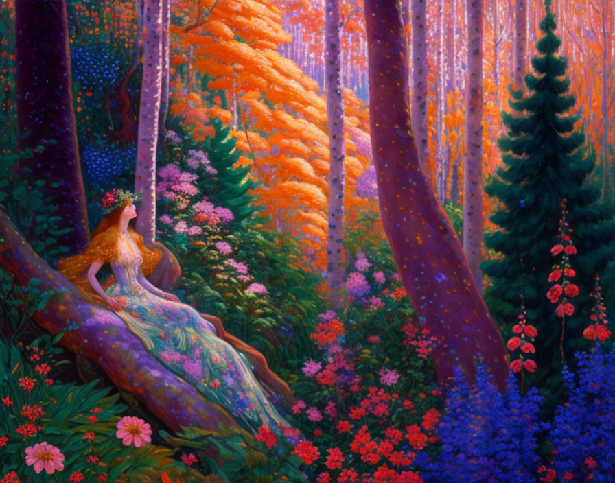 Woman with floral wreath in vibrant magical forest setting