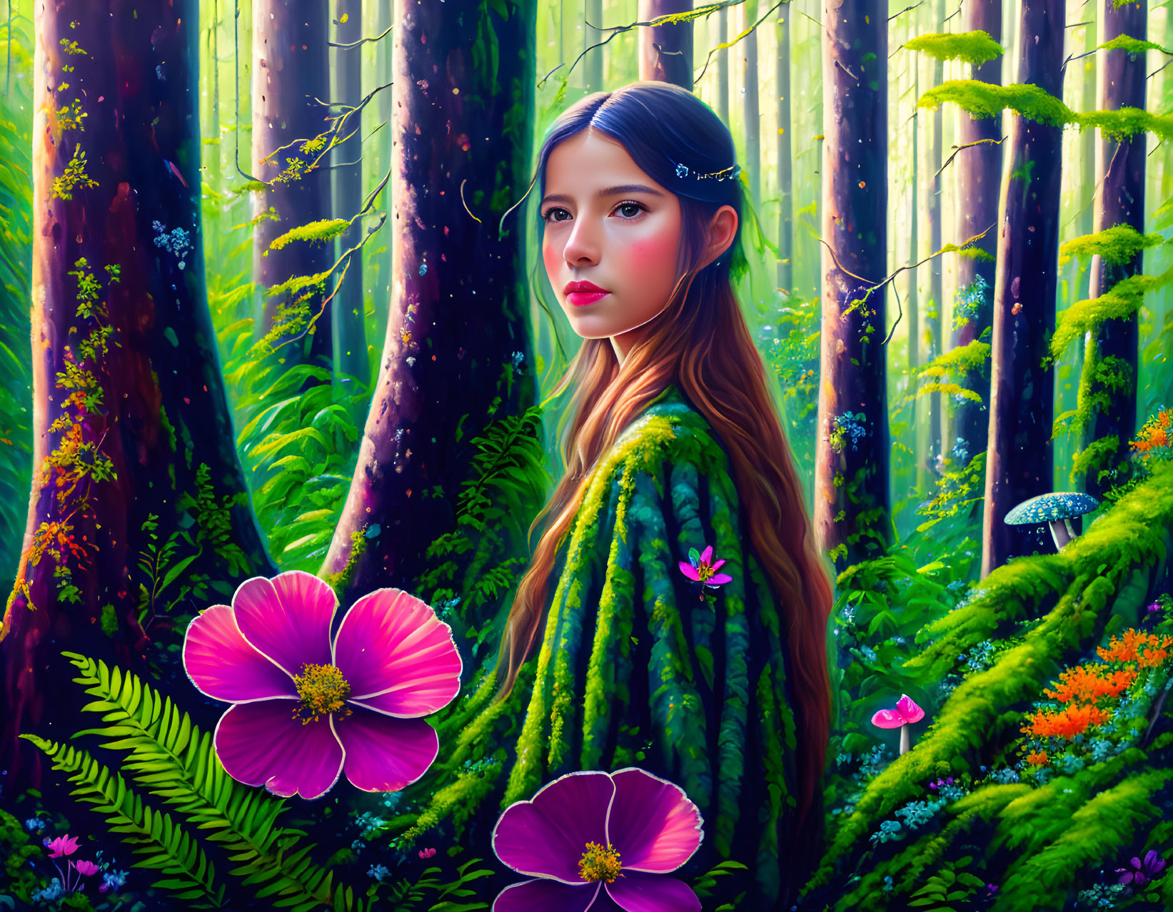 Woman in forest cloak surrounded by vibrant greenery and purple flowers with mystical ambiance.