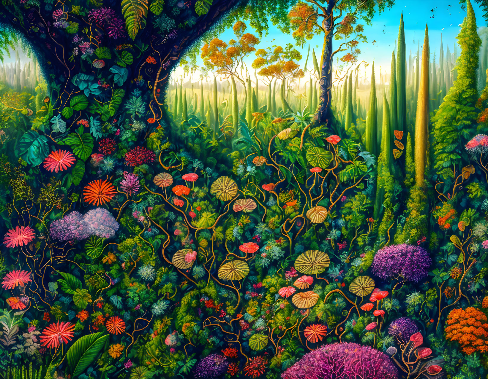 Lush forest illustration with diverse flora