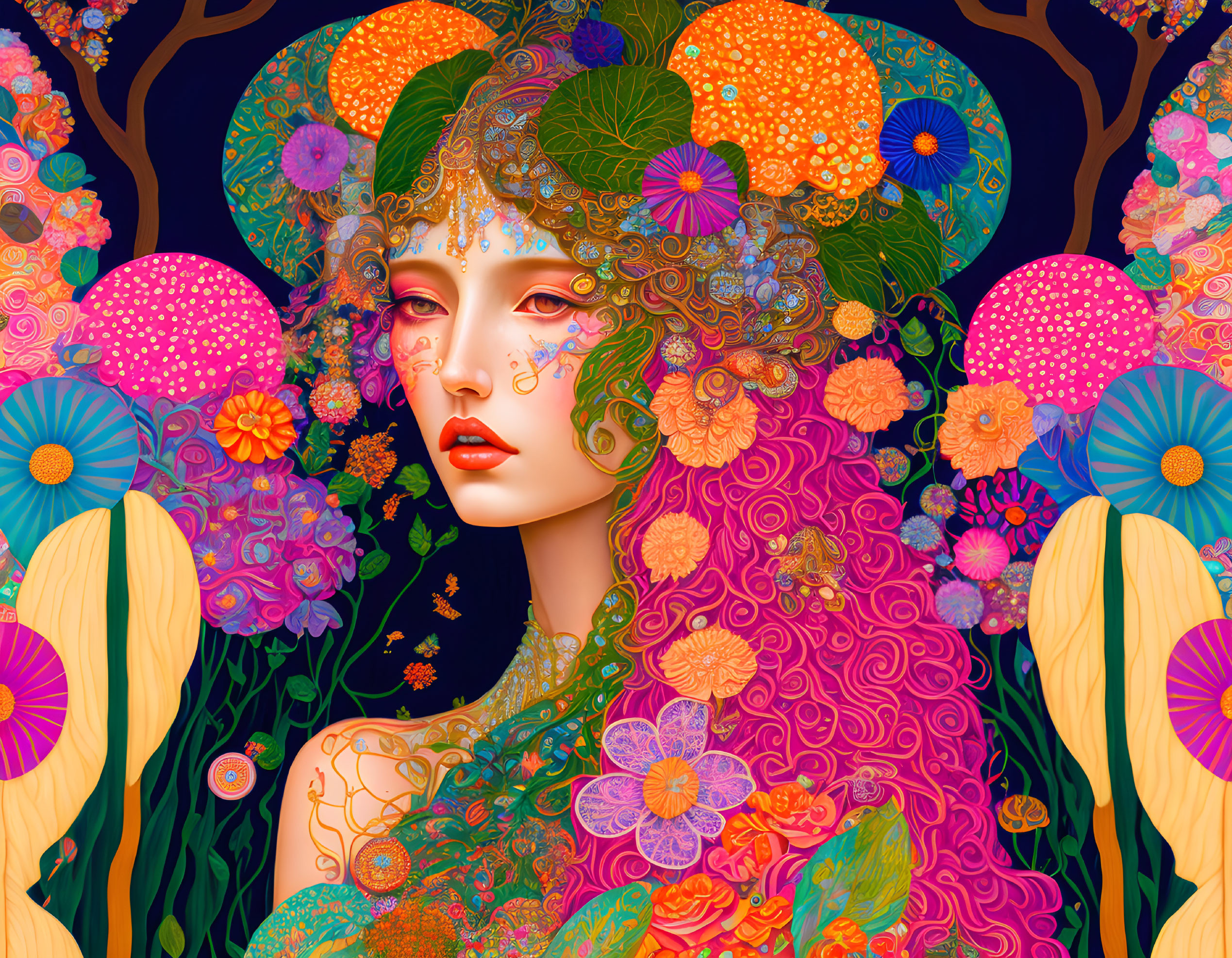 Colorful illustration: Woman with floral hair in psychedelic background