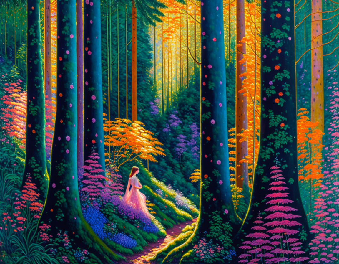 Person in Light Dress in Magical Forest with Tall Trees and Vibrant Flowers