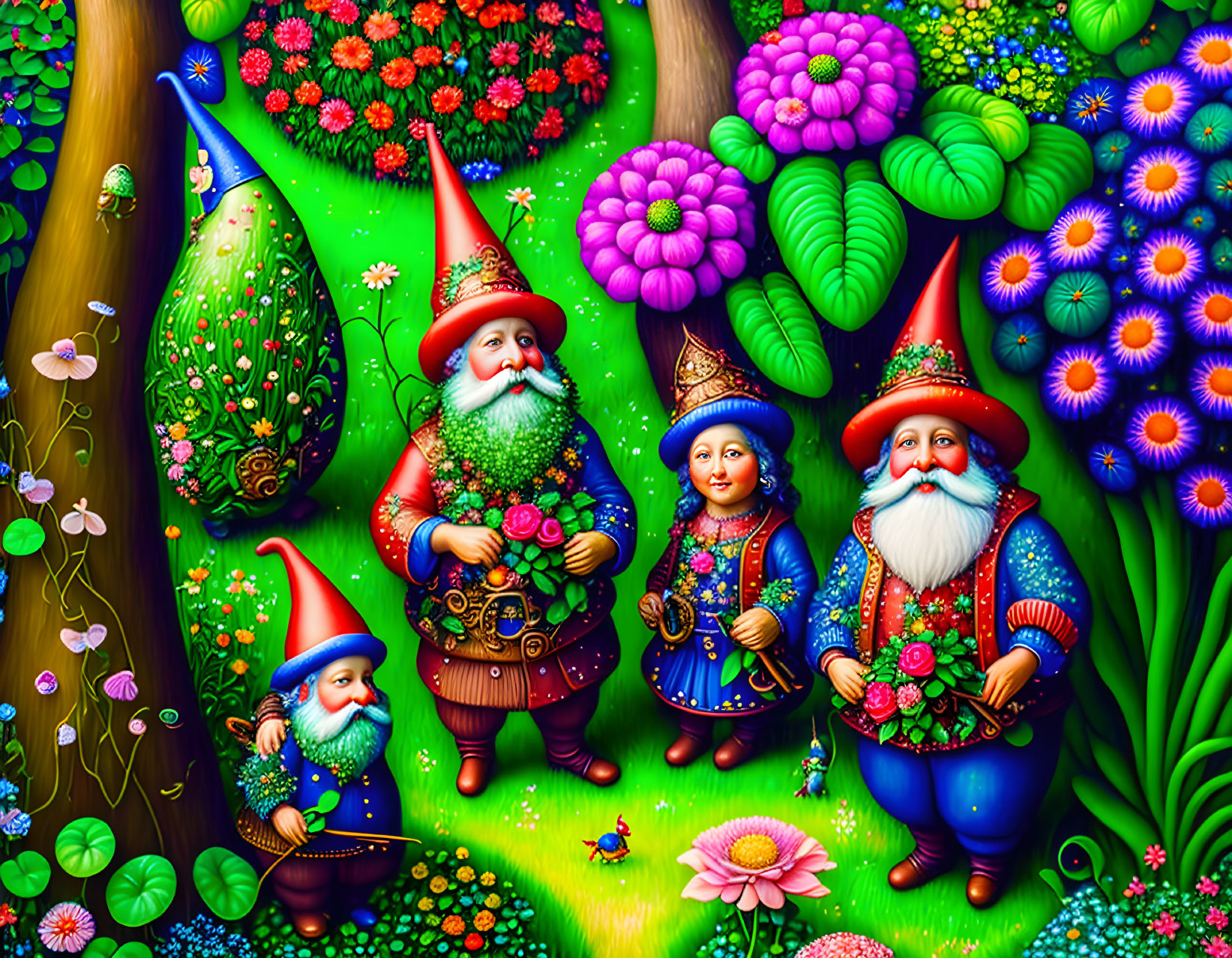 Colorful illustration of whimsical garden gnomes in magical garden scene