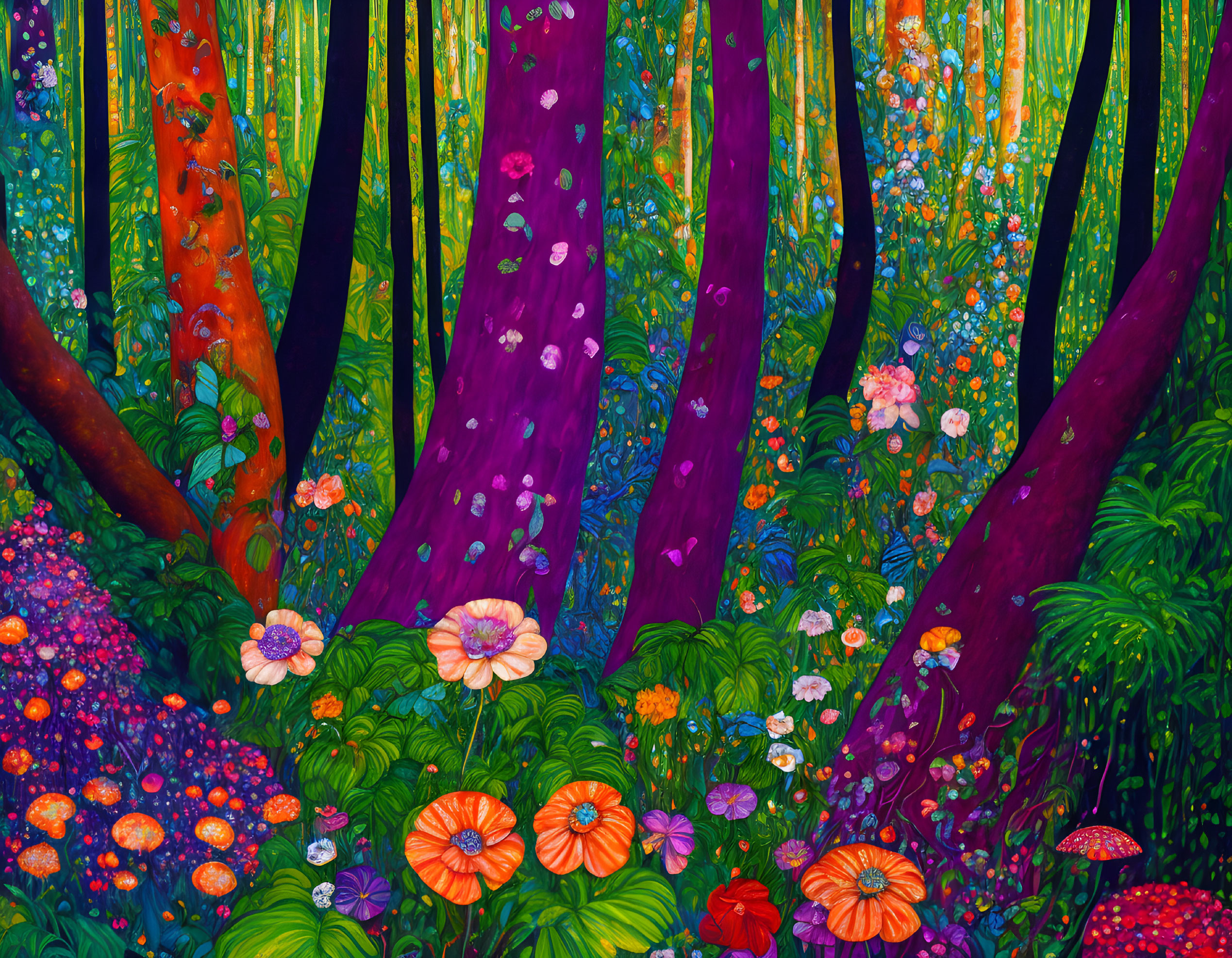 Colorful forest with vibrant trees and dense flower-covered undergrowth