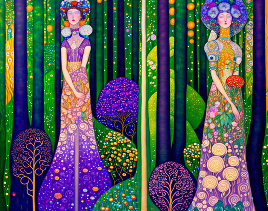 Vibrant forest scene with stylized female figures in elongated form