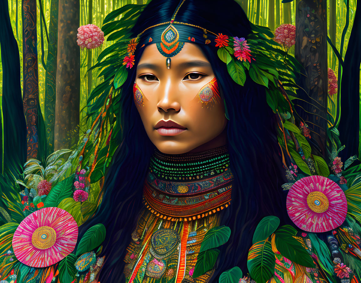 Ornately adorned woman with vibrant flora in serene setting