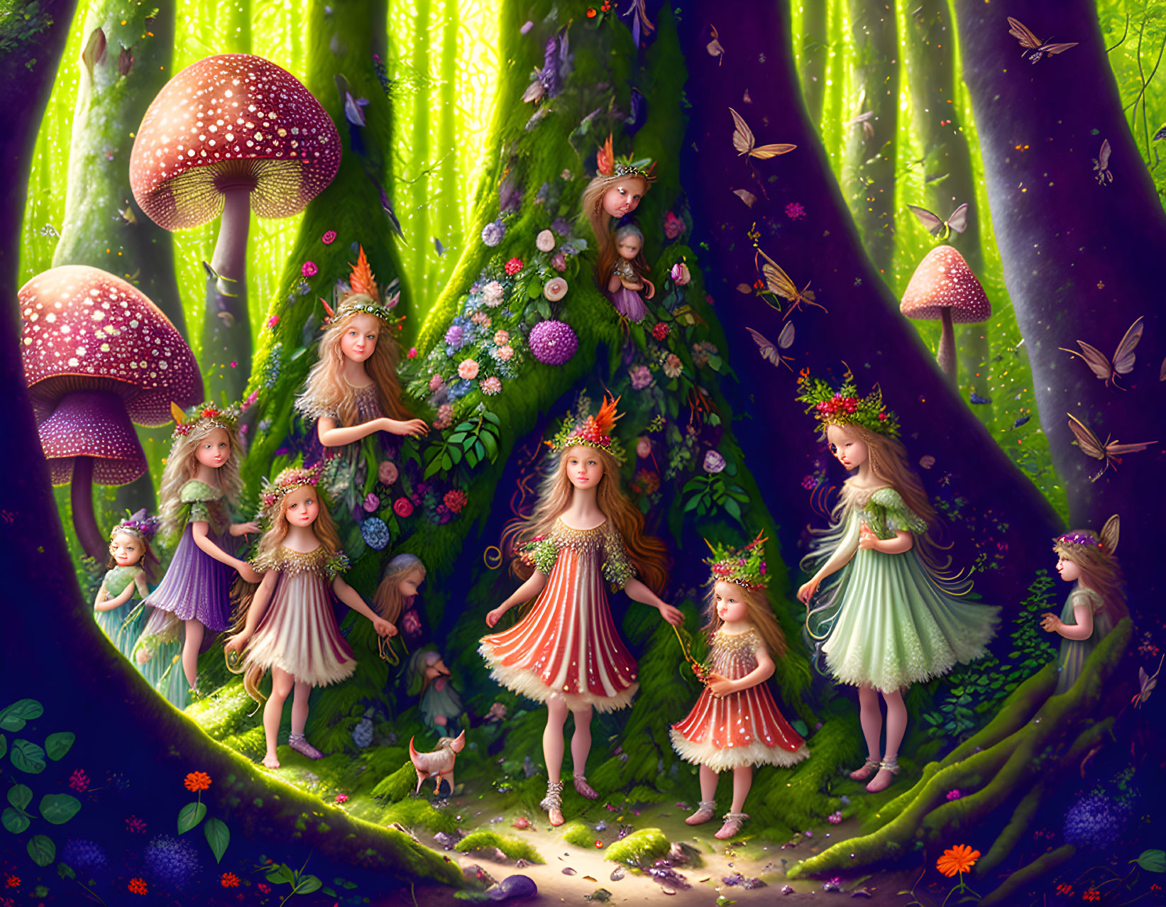 Enchanting forest scene with fairies, mushrooms, trees, butterflies, and a deer