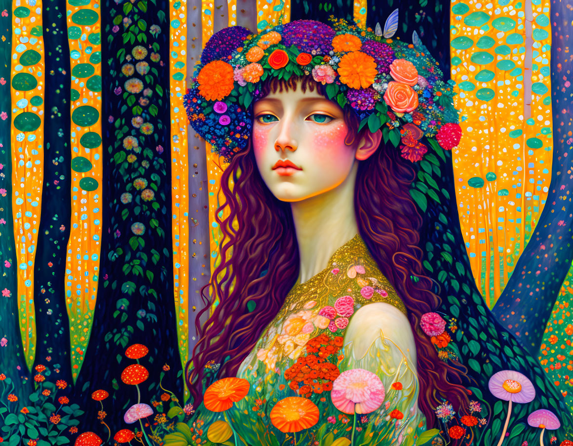 Woman with floral wreath in vibrant forest setting