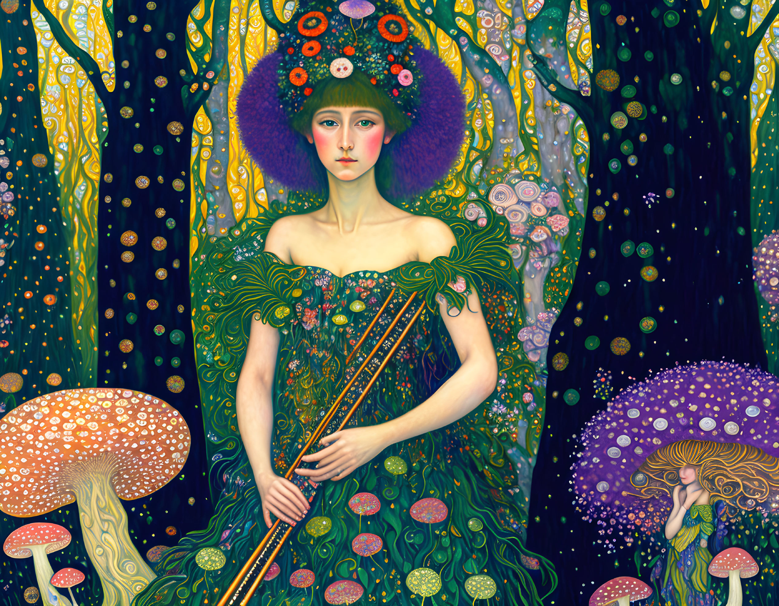 Colorful painting of woman in floral dress in vibrant forest