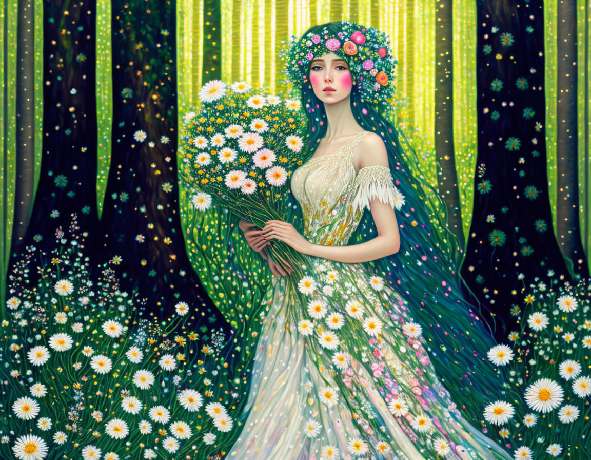 Illustrated woman in floral dress in enchanted forest with bouquet and glowing lights