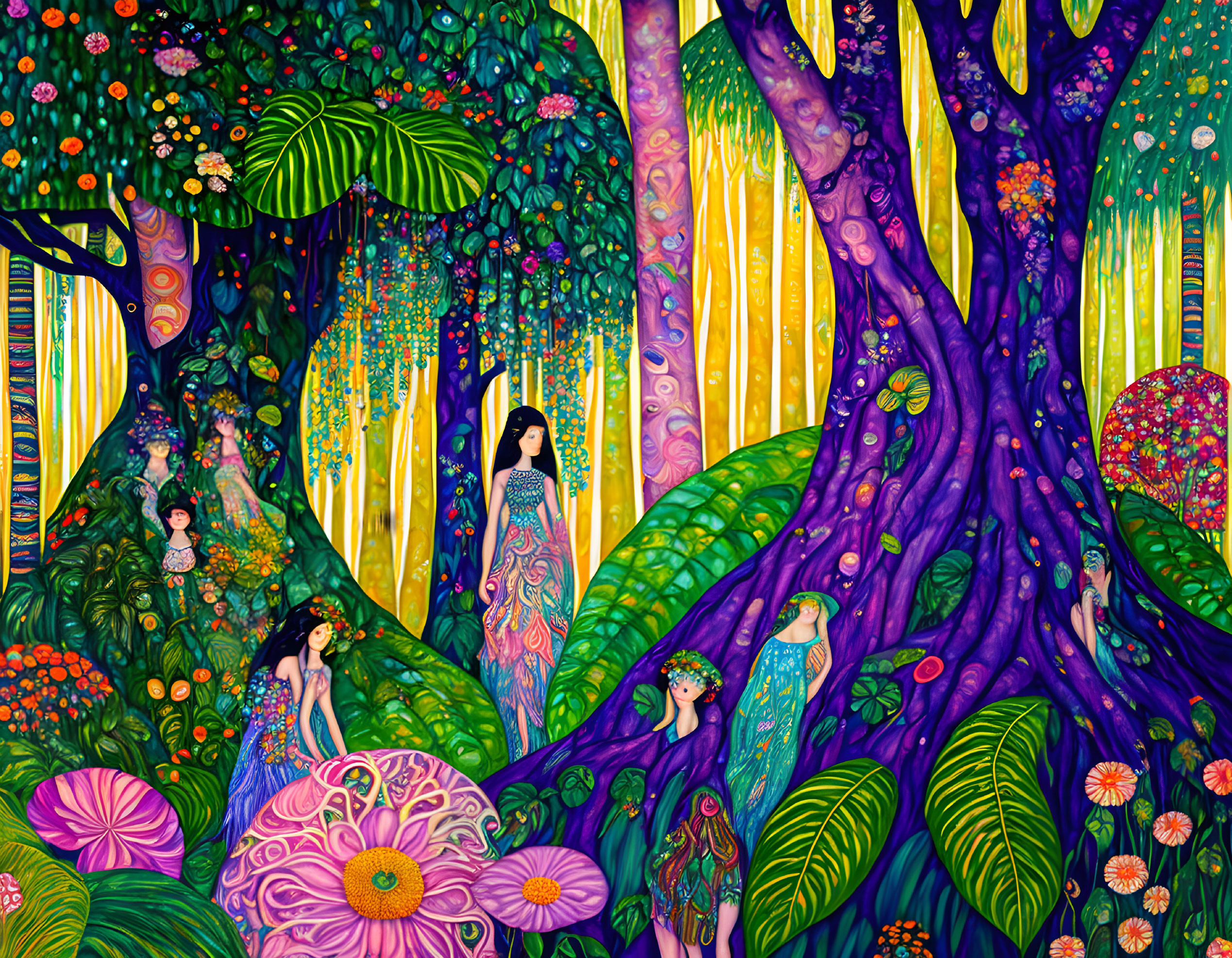 Colorful painting of women in whimsical forest with floral patterns