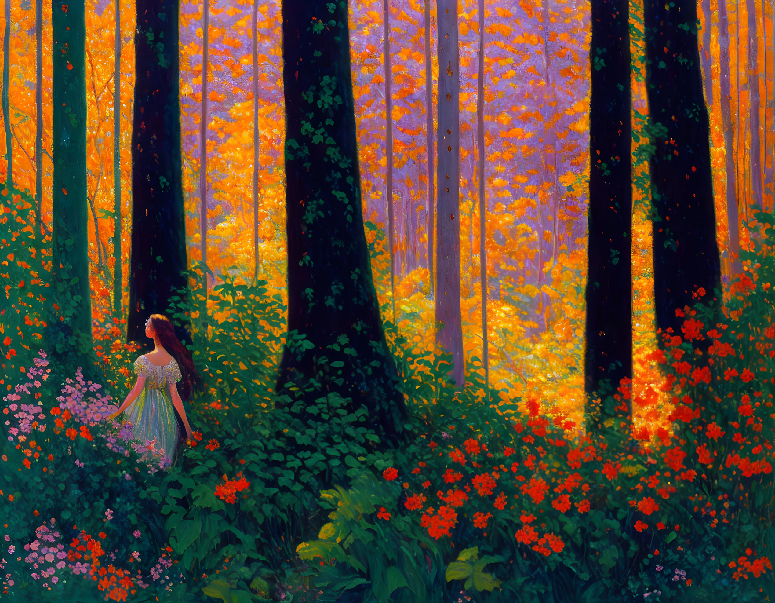 Woman in white dress surrounded by vibrant forest with purple tones and orange leaves