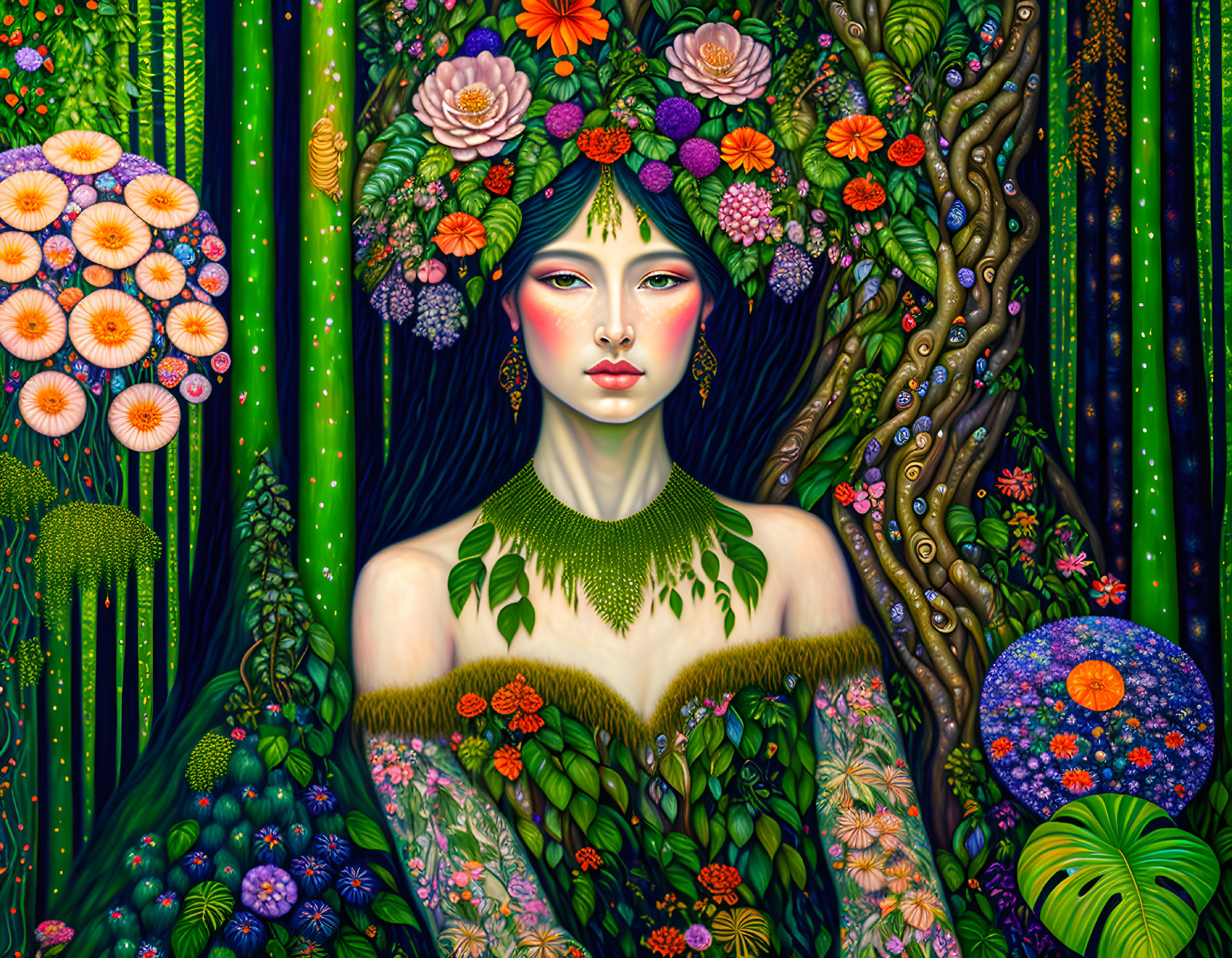 Colorful Floral Woman Illustration with Lush Greenery