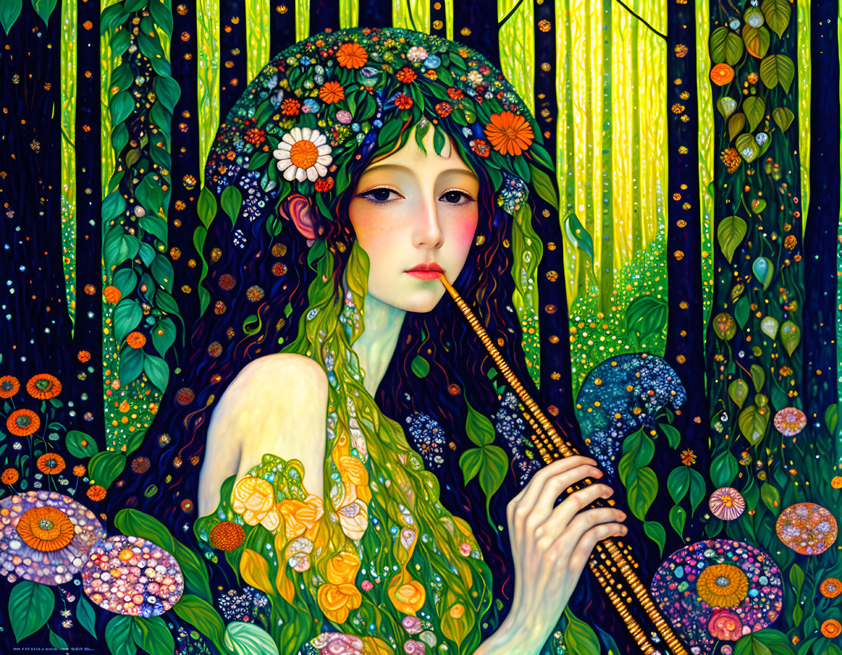 Woman playing flute in floral hat in vibrant starry background