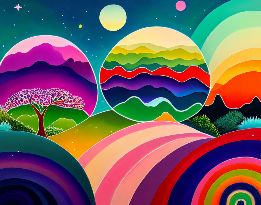 Colorful Stylized Landscape with Starry Sky and Solitary Tree