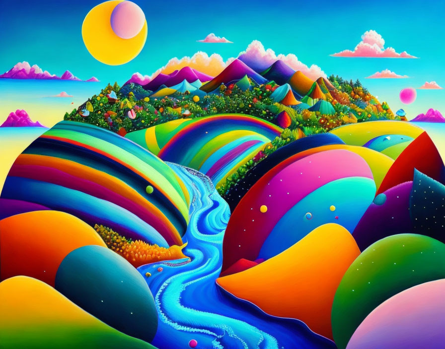 Colorful surreal landscape with flowing river and pink moon