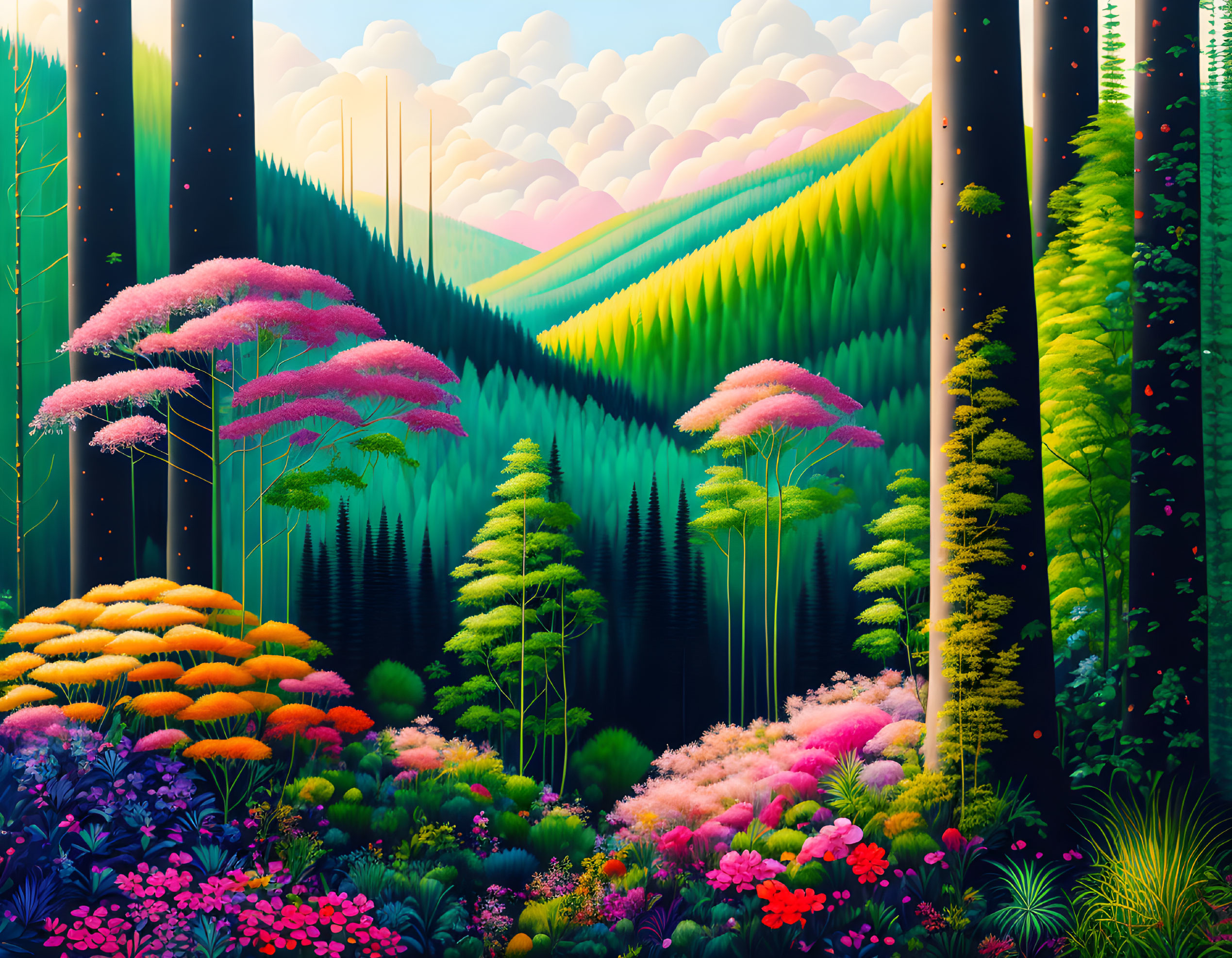 Colorful Digital Art of Lush Forest with Pink Trees and Green Hills