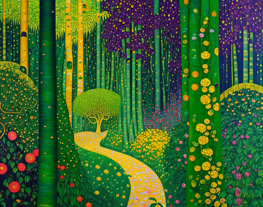 Stylized forest painting with bamboo, trees, and winding path in vibrant colors