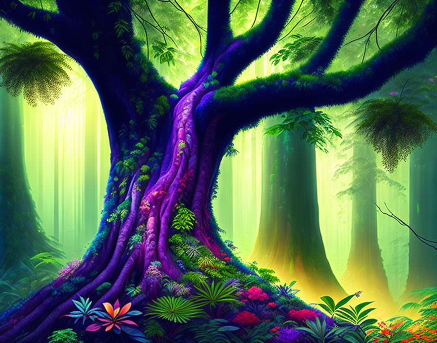 Colorful Fantasy Forest with Large Tree and Beams of Light