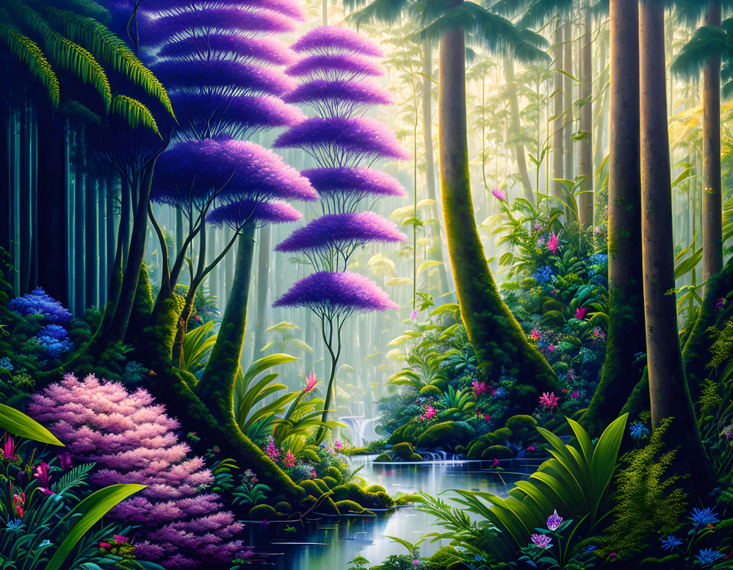 Enchanting forest scene with purple foliage, bamboo, and serene stream