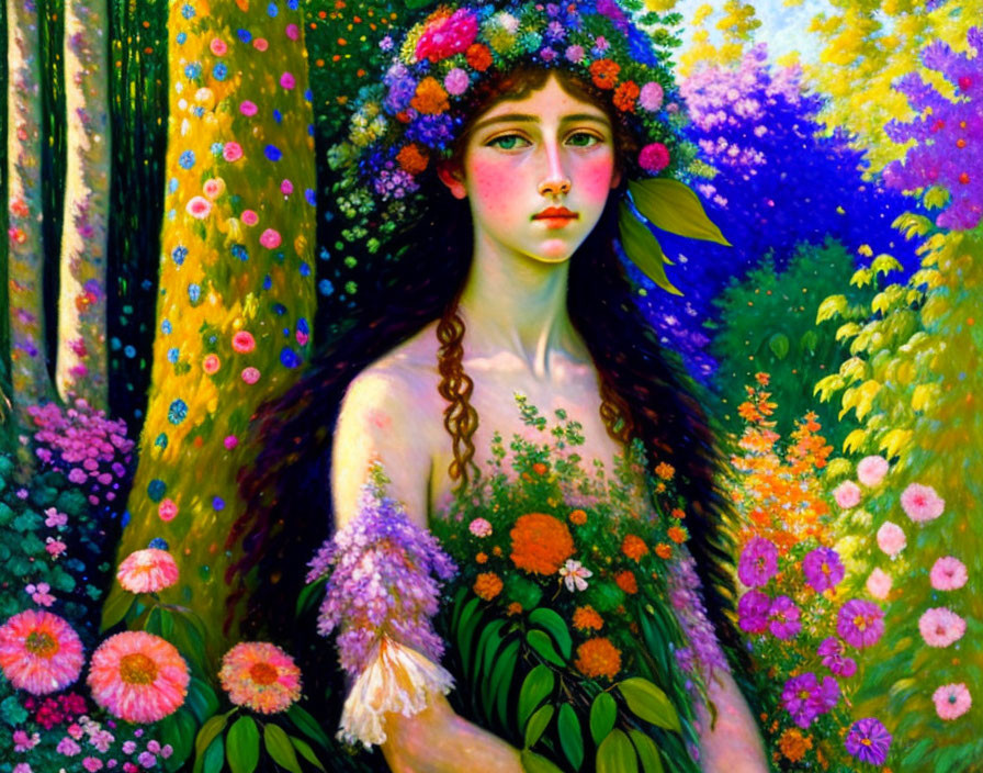 Colorful floral portrait of a woman in an ethereal setting