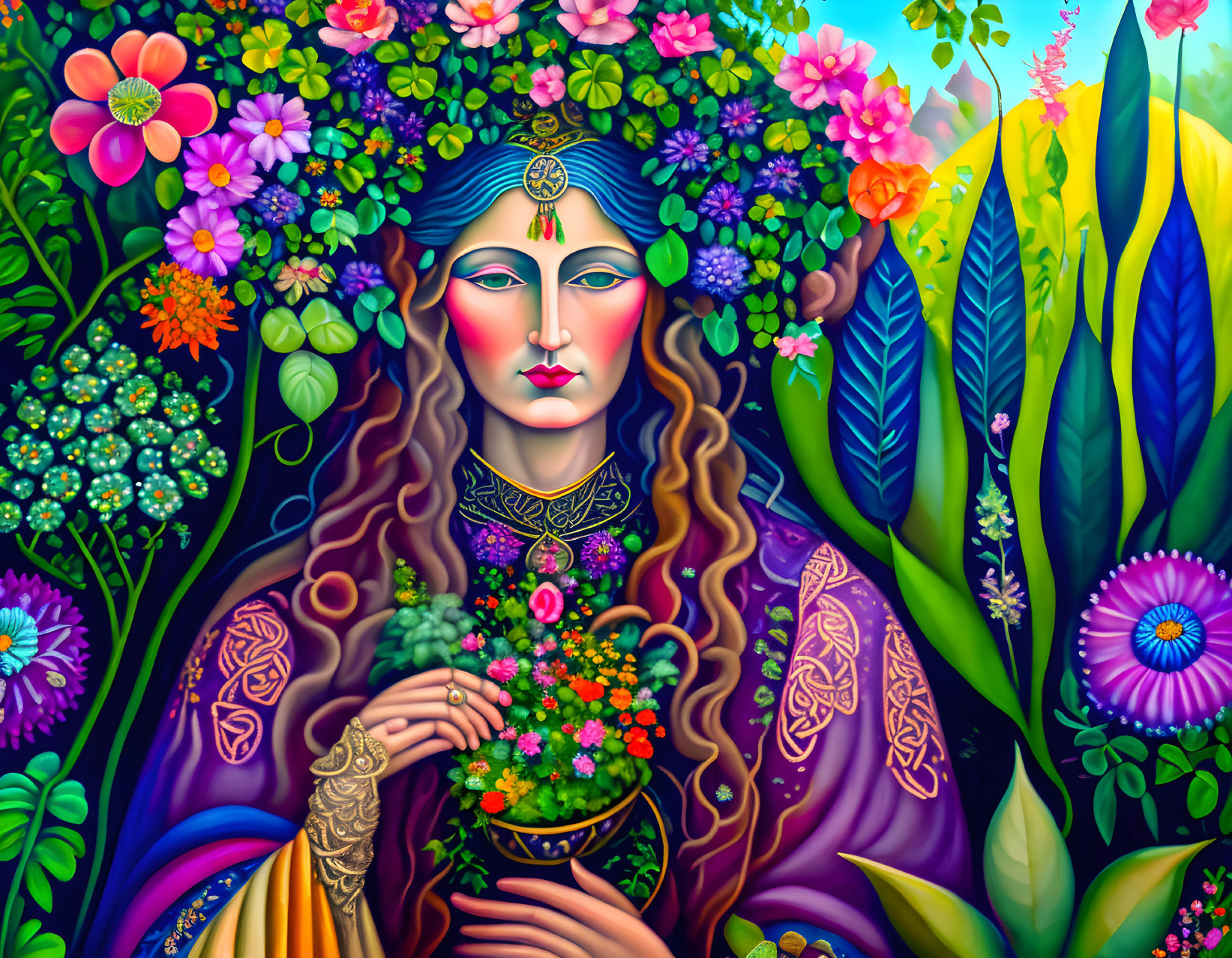 Colorful artwork of woman surrounded by floral motifs in lush setting