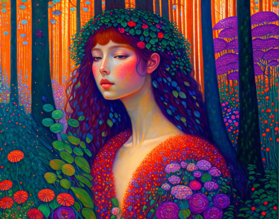 Woman with Floral Wreath in Vibrant Fantasy Forest