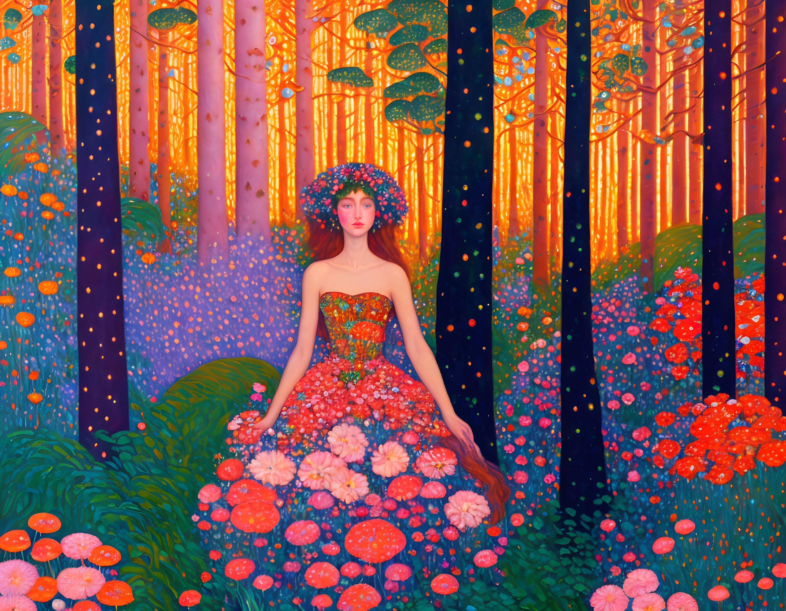 Woman in floral dress sitting in vibrant, stylized forest with colorful flowers