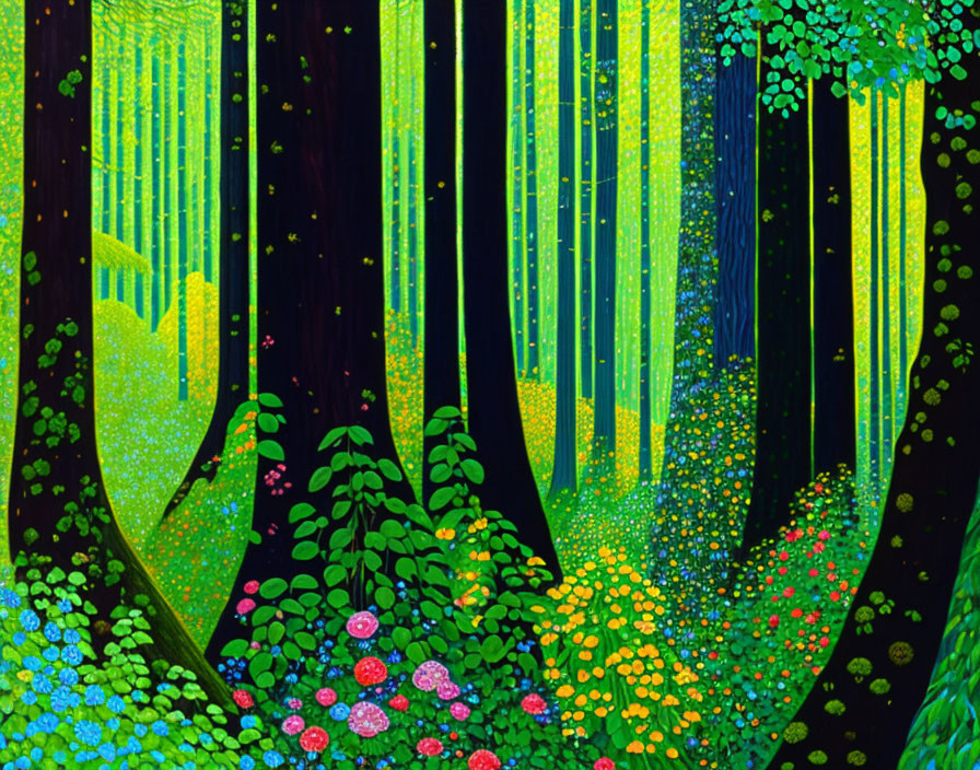 Colorful forest painting with flowers and sunlight beams