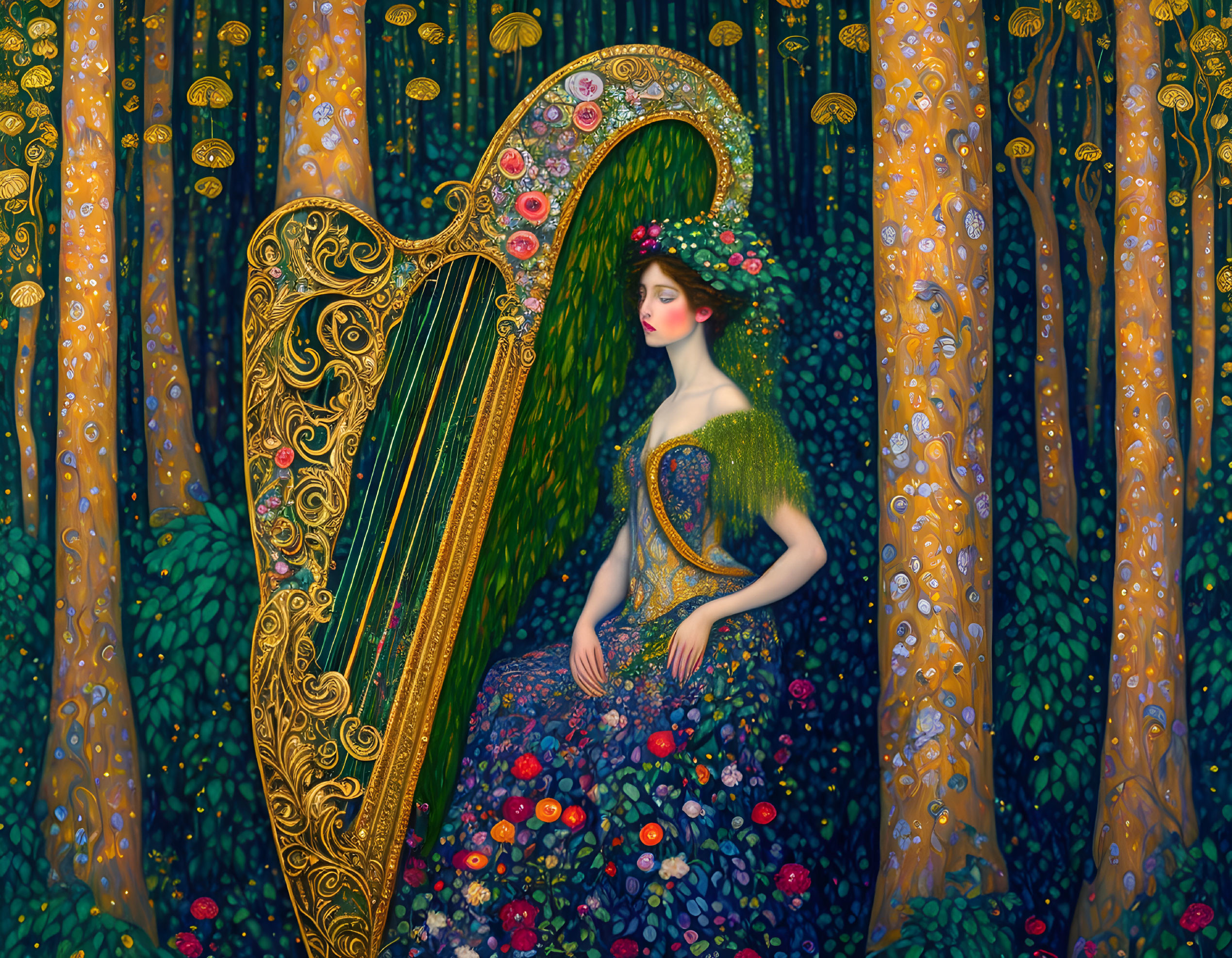 Woman merged with harp in floral fantasy forest with art nouveau elements