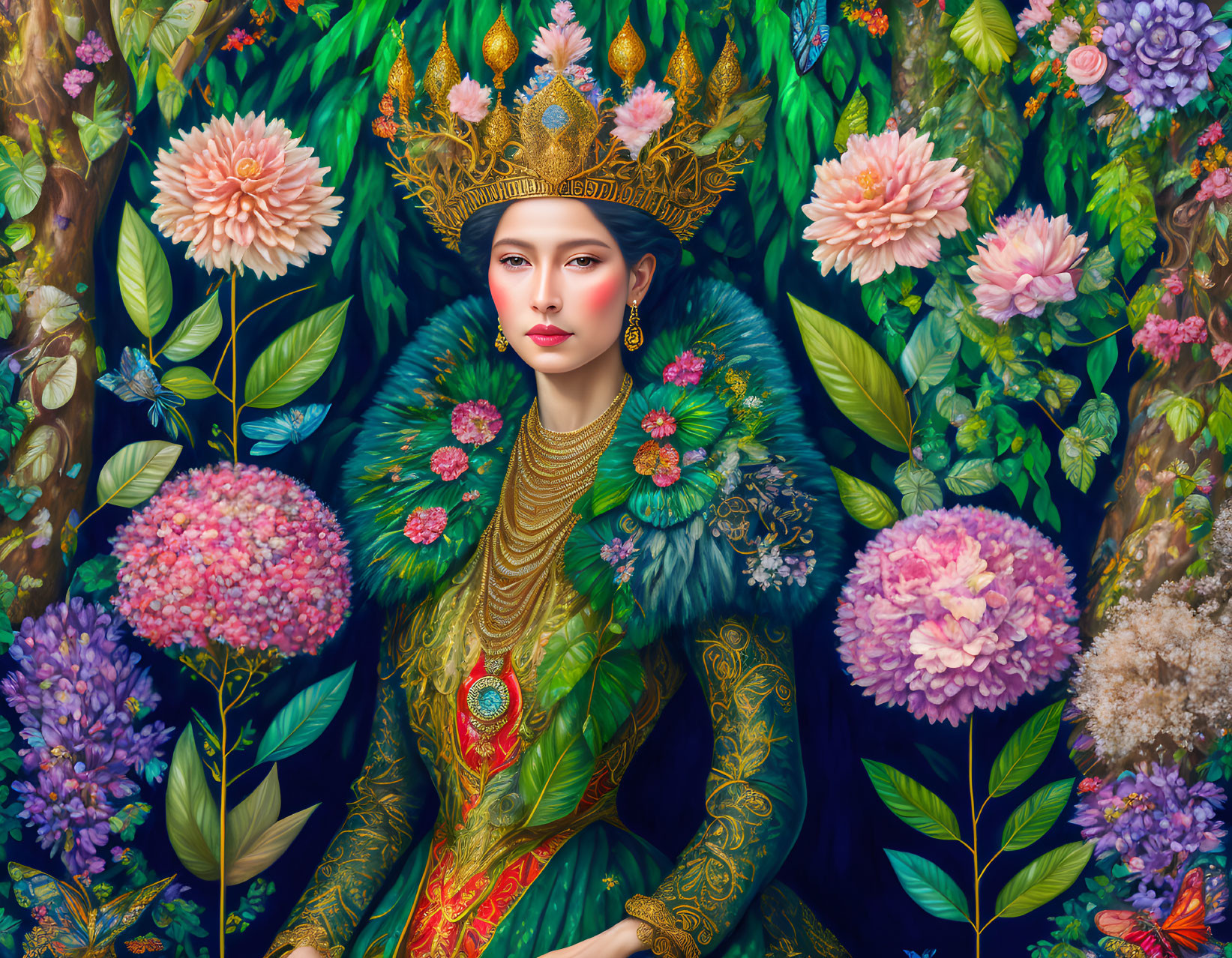 Regal woman with golden crown in lush floral setting