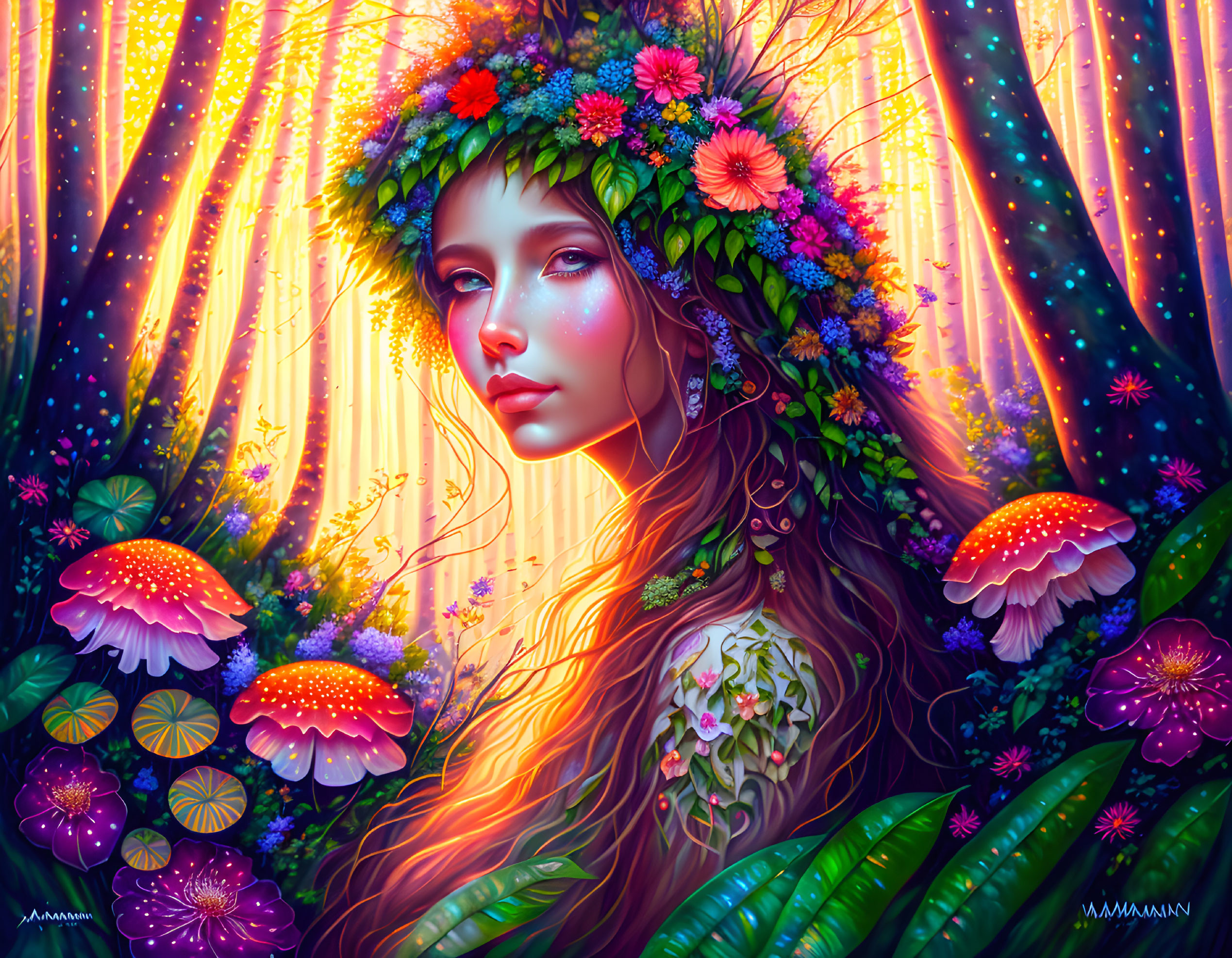 Illustration of woman with floral wreath in enchanted forest.