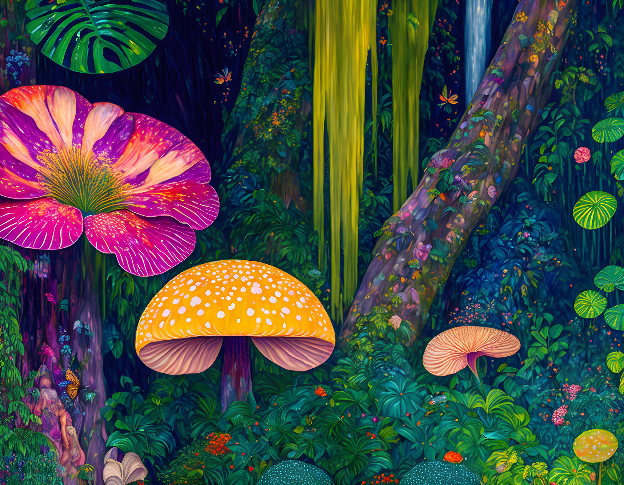 Colorful Whimsical Forest Illustration with Oversized Mushrooms