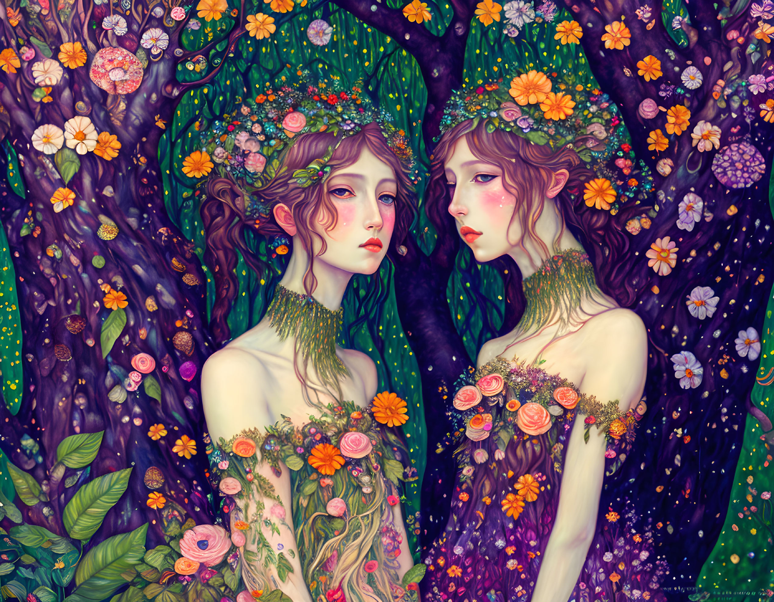 Ethereal figures with floral crowns in vibrant, flower-adorned setting