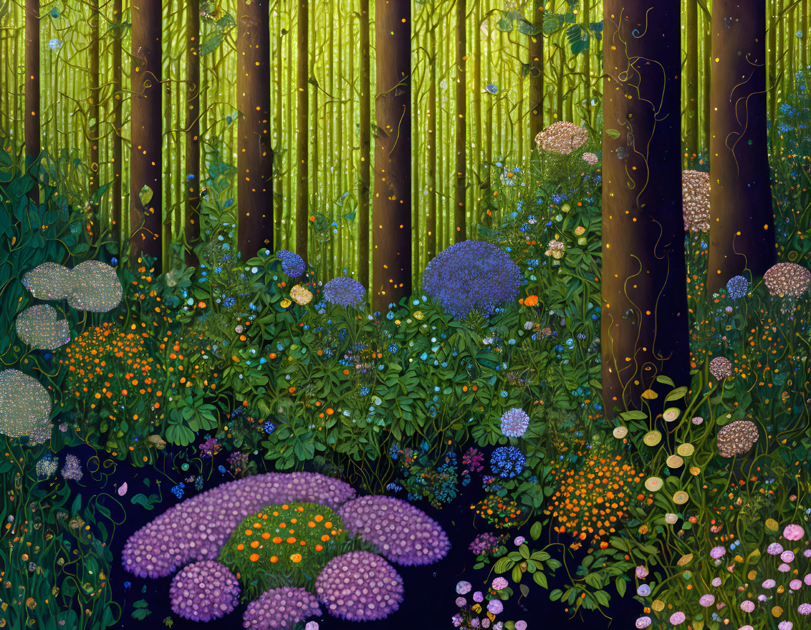 Vibrant forest digital illustration with lush foliage and colorful flowers