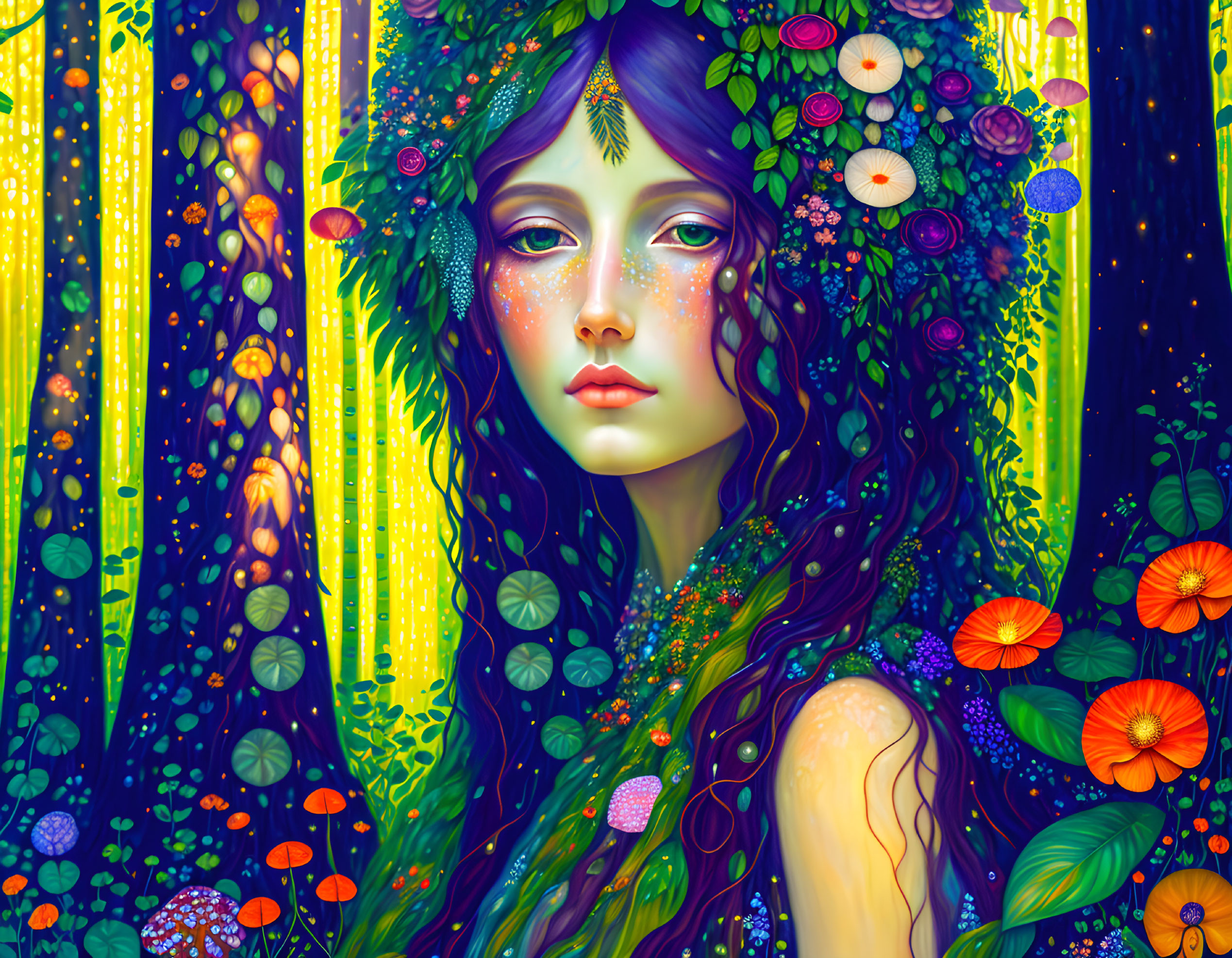 Fantasy portrait: Woman with violet hair in mystical forest.