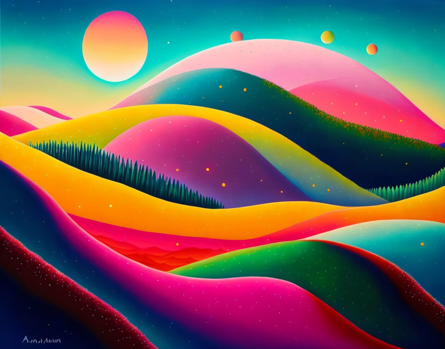 Colorful landscape with rolling hills, trees, and starry sky with sun and spheres