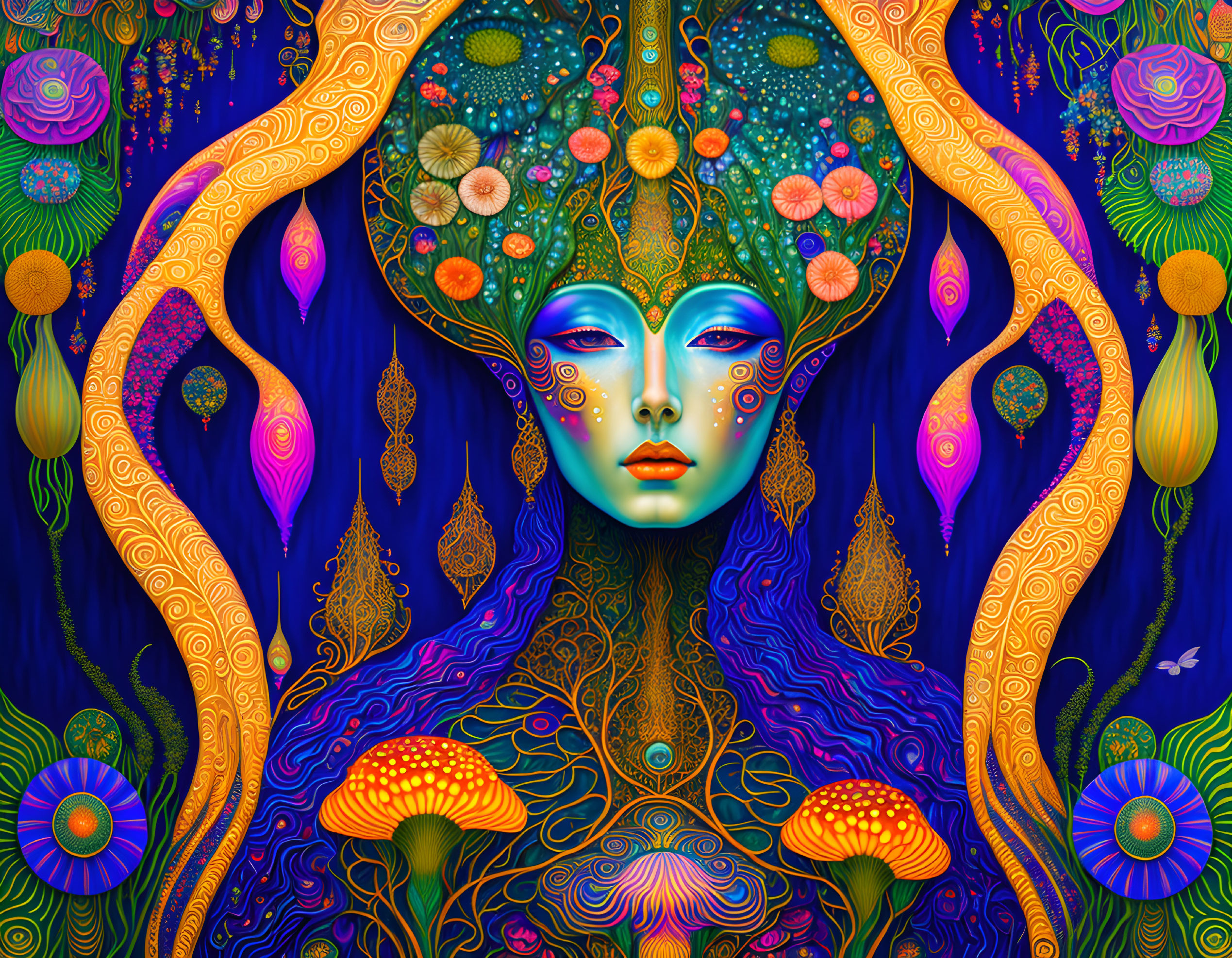 Colorful Psychedelic Art with Blue-Skinned Female Figure and Intricate Patterns