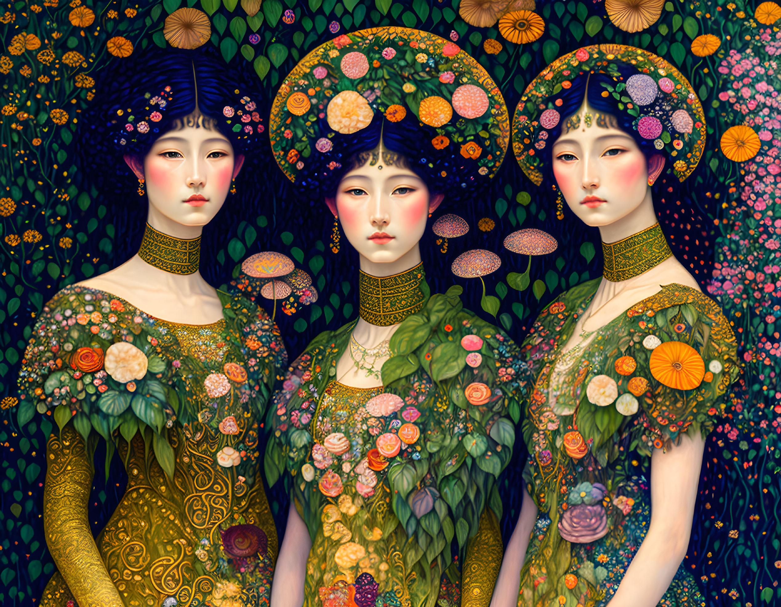 Three Women in Elaborate Floral Headdresses and Dresses Amid Lush Foliage