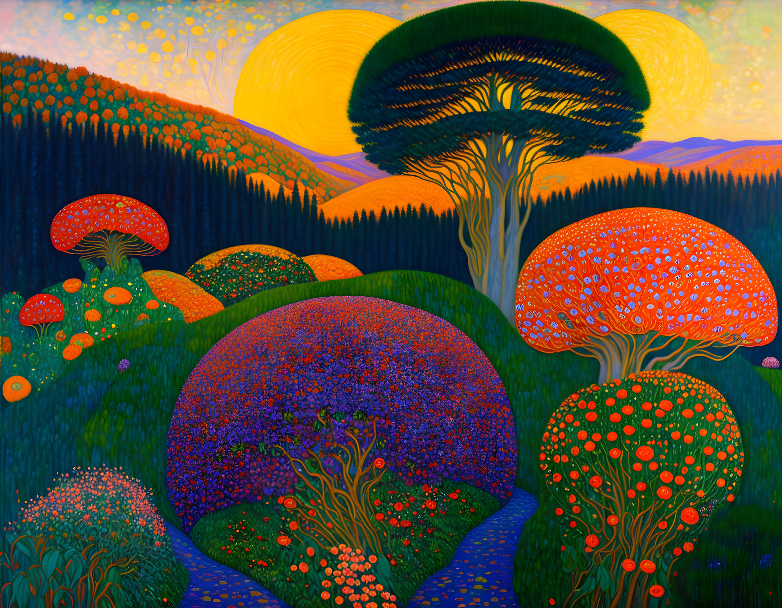 Colorful Mushroom and Tree Landscape Under Yellow Sun