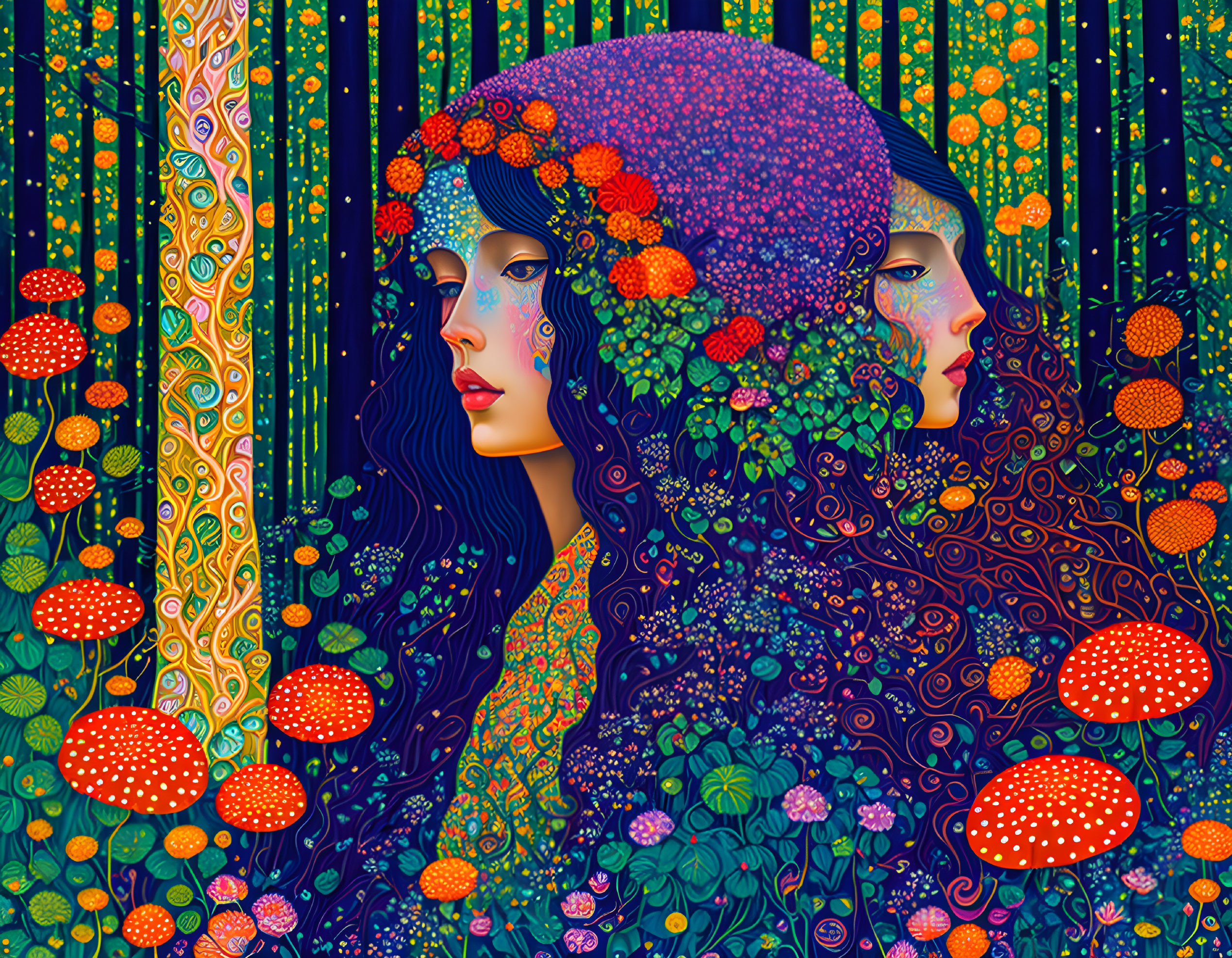 Colorful Illustration: Two Women with Floral and Mushroom Hair Integration