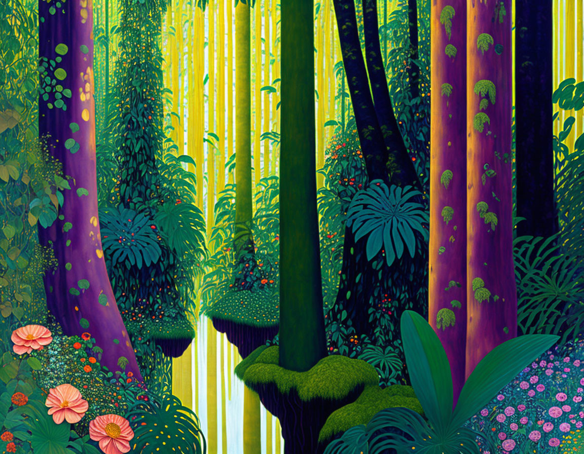 Colorful Stylized Forest with Purple and Yellow Tree Trunks