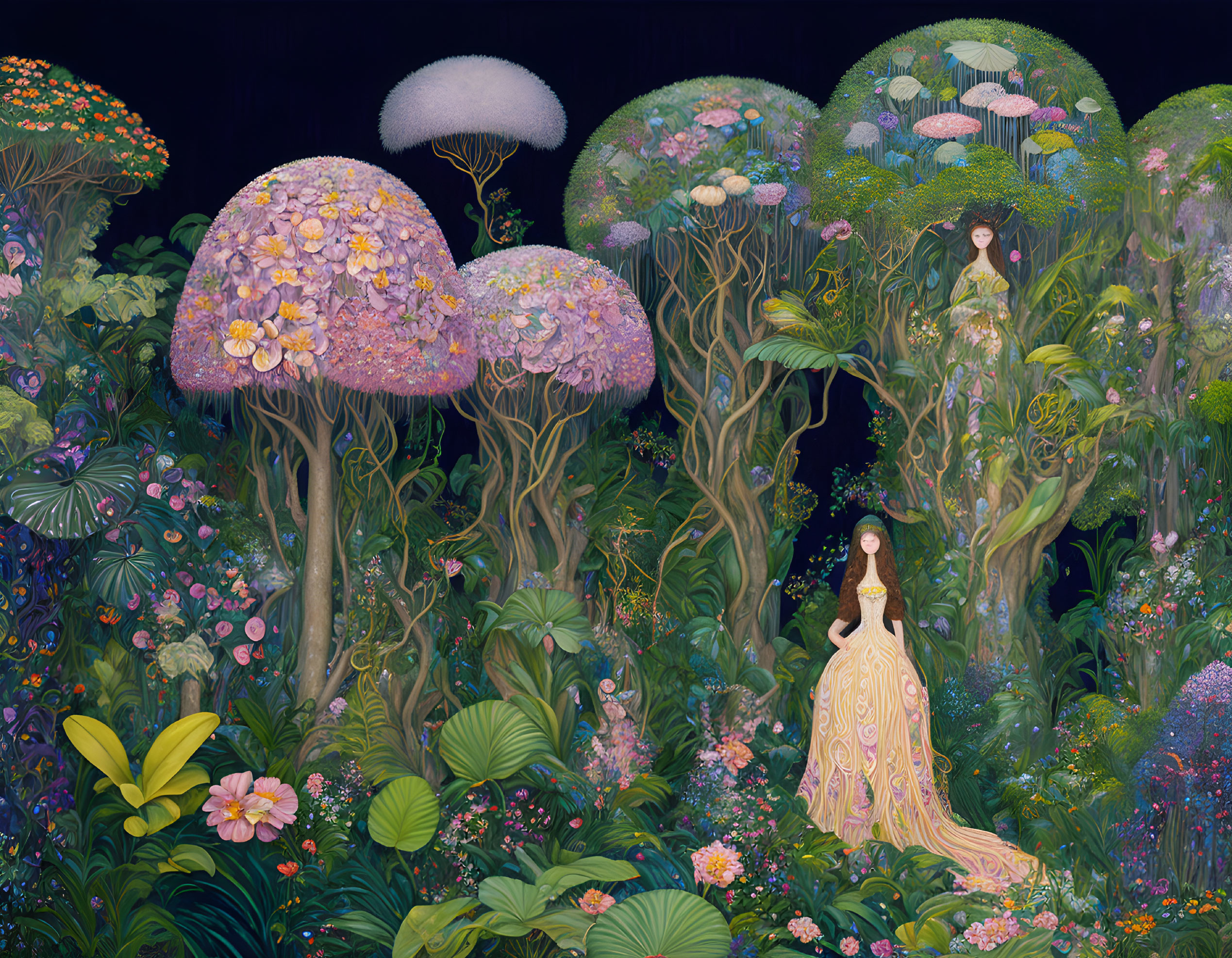 Illustration: Woman in flowing dress among colorful mushrooms and hidden faces