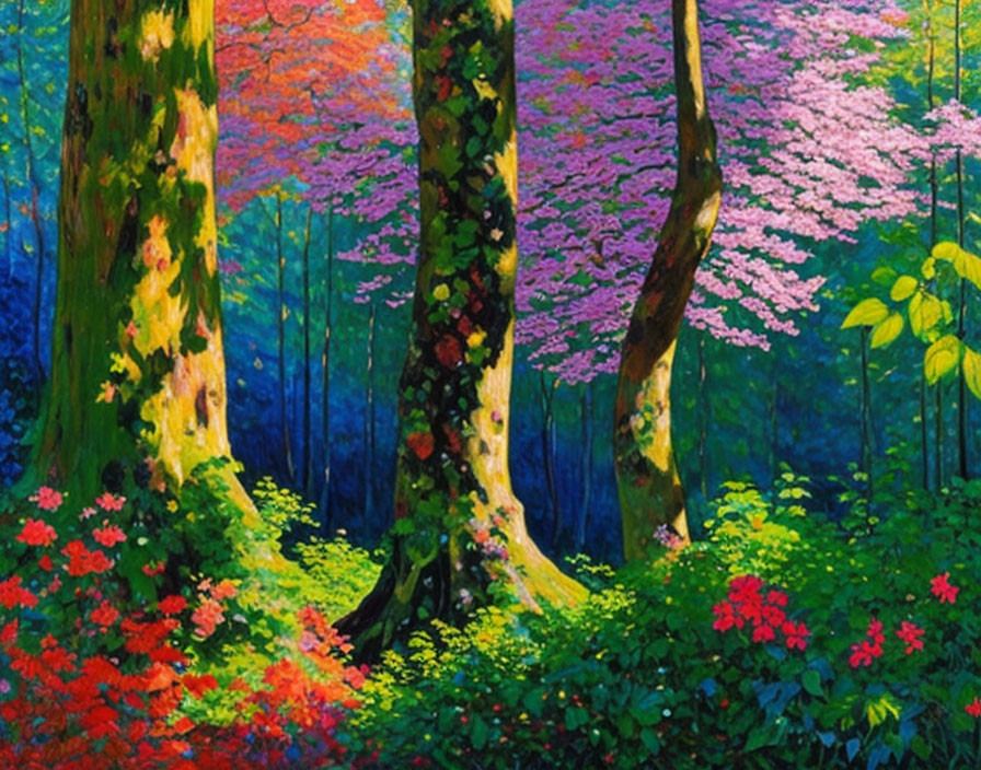 Colorful Forest Painting with Sunlight and Flowers