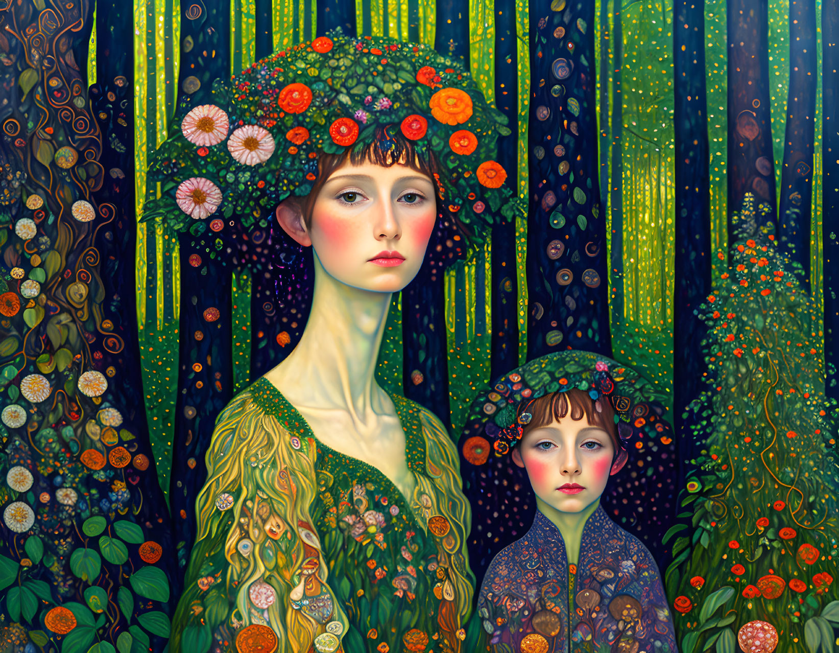 Illustration of two figures with floral hats in a forest setting