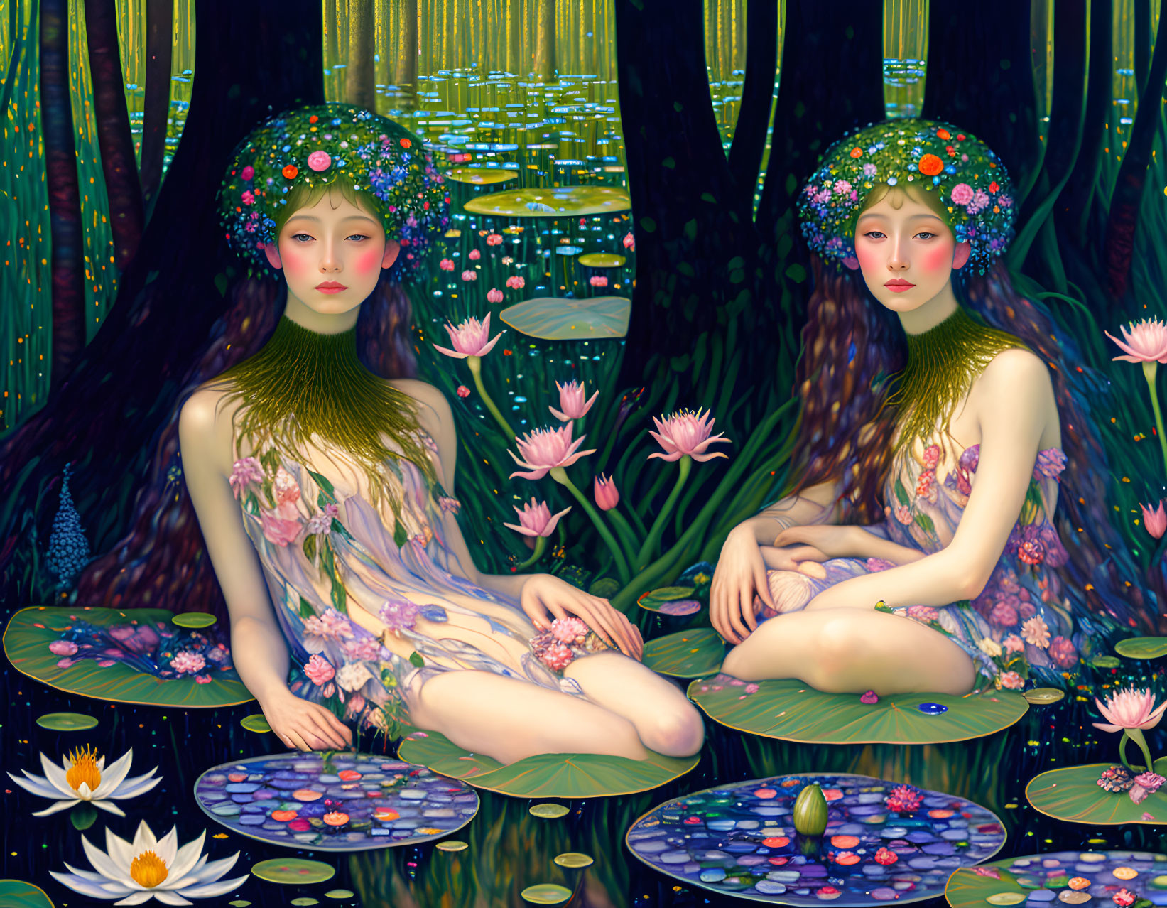 Identical figures with floral headbands on lily pads in mystical forest pond