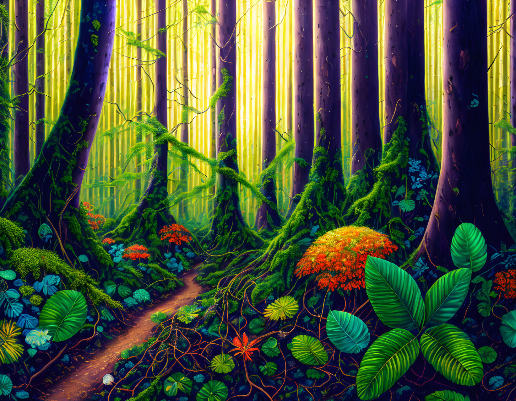 Lush Forest Scene with Sunbeams and Colorful Foliage