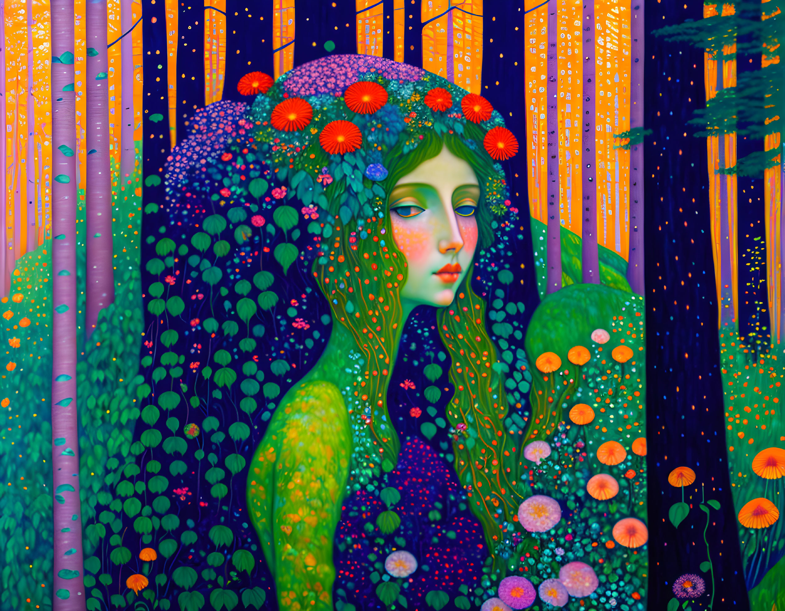 Colorful illustration of woman with green skin in vibrant forest